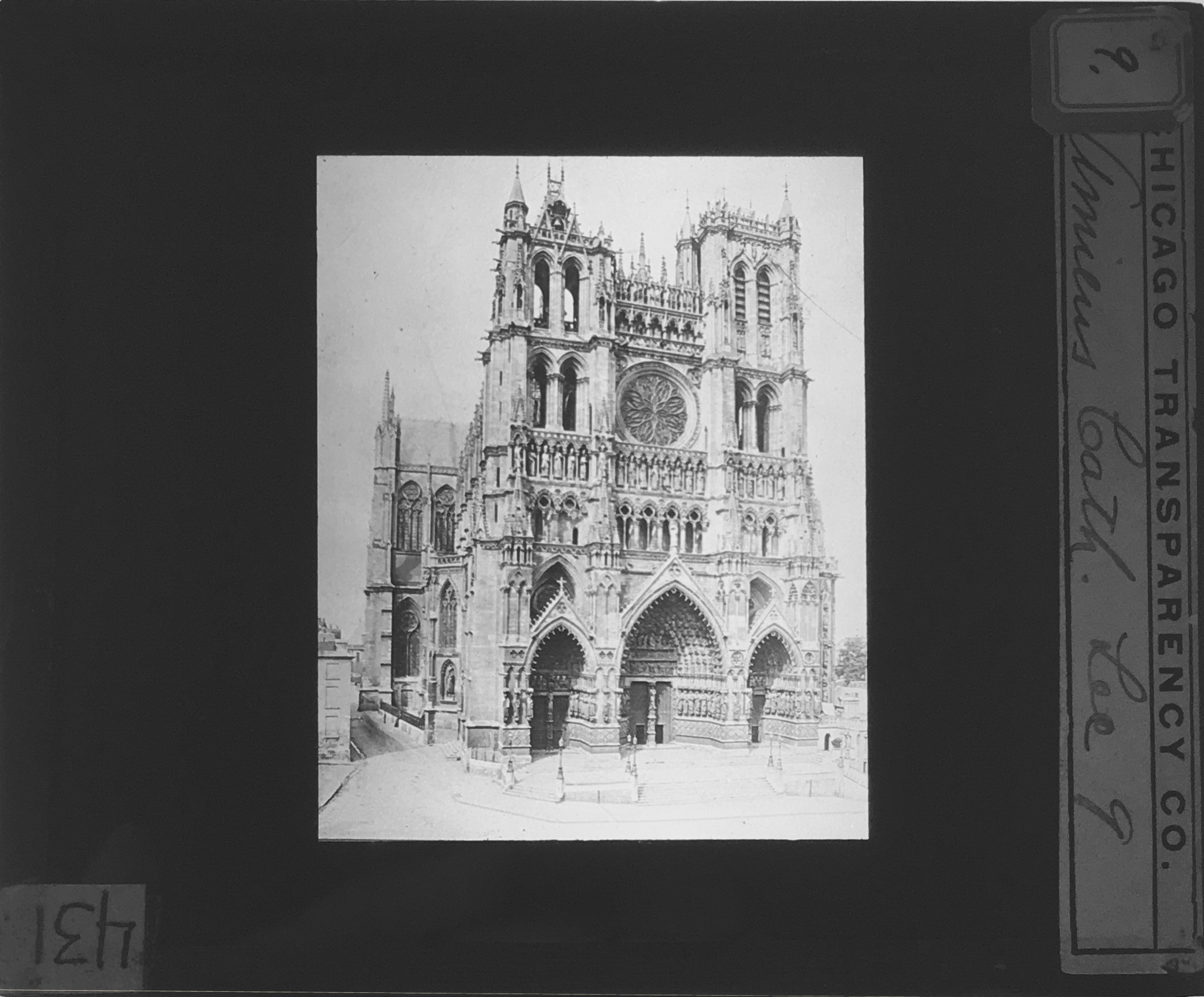A vintage black-and-white lantern slide image of Amiens Cathedral