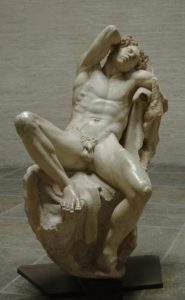 A frontal image of the Barberini Faun from Ancient Greece which is a sculpture of a nude figure