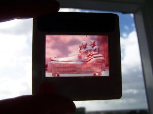 An image of an Ektachrome slide held to the light showing the fading down to only the magenta layer that is typical of that medium over time