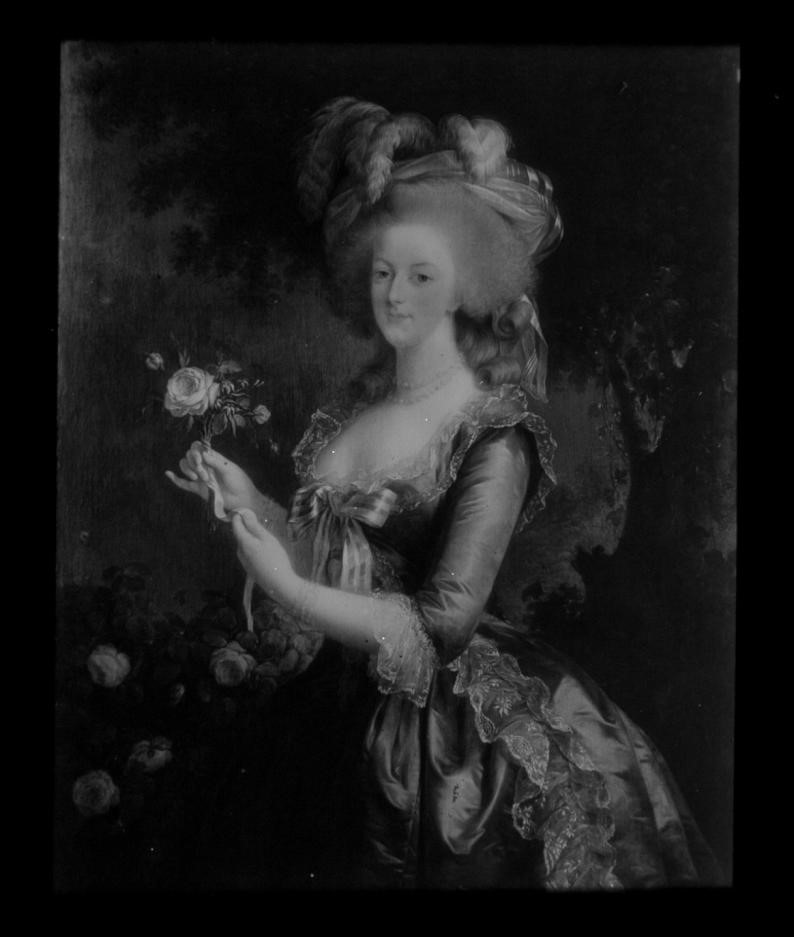 A vintage lantern slide image of a portrait of Marie Antoinette by Élisabeth Louise Vigée Le Brun