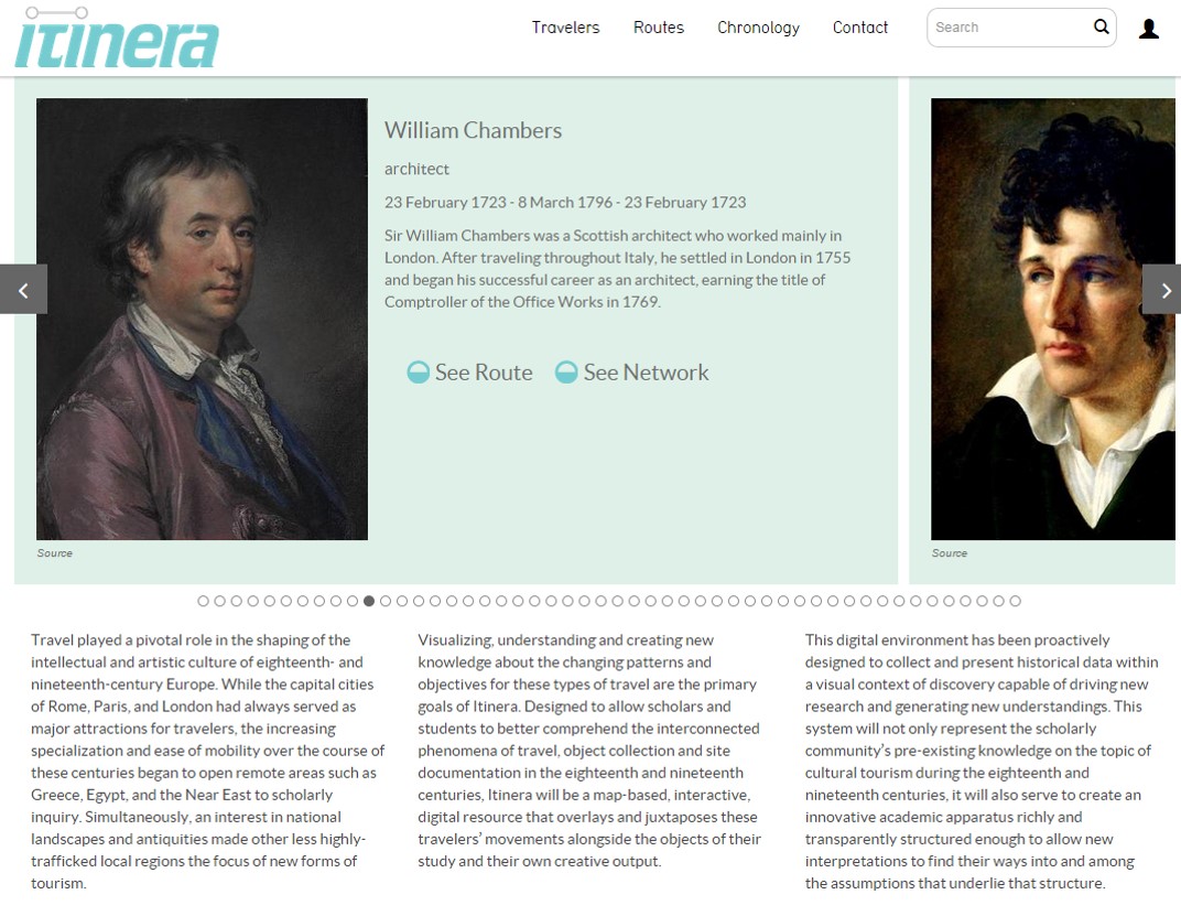 A screenshot of the homepage of the Itinera project, showing the portrait of William Chambers and some of his biographic information as well as other interface features of the project