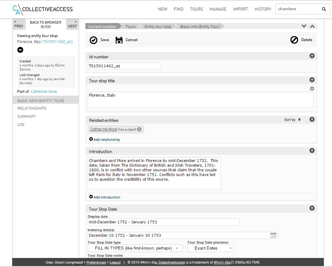 A screenshot of a back-end data entry form for Itinera showing data entry in progress