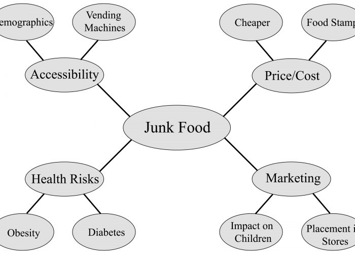 Sample concept map of ‘junk food’ and its related issues, complete with details and examples of each.