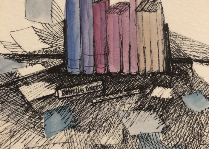 Watercolor showing bookstack with notes scattered nearby. A sign reads "pencils only."