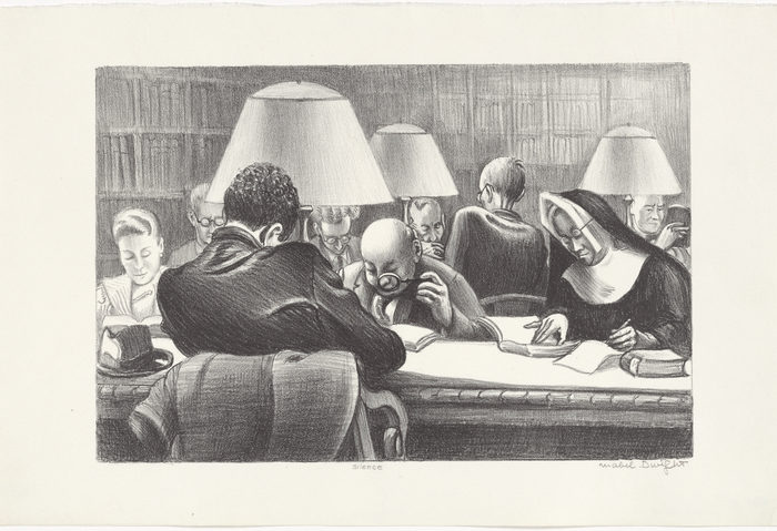 1939 cartoon of caricatures at the NYPL reading room