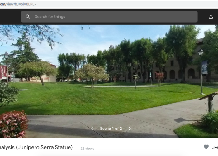 360° photograph of Junipero Serra statue and campus lawn, displayed in Google Tour Creator interface with digital annotation icons