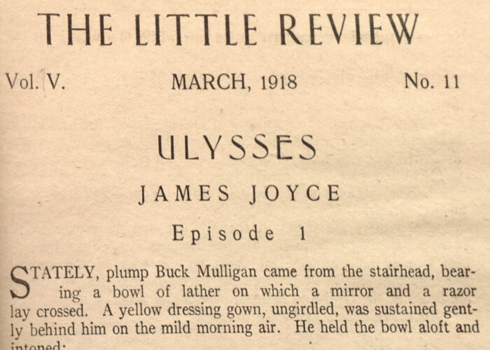 Alt text: The opening header of the first episode of Ulysses in The Little Review, volume 5, number 11, March 1918 (photograph by the author from the copy in the Special Collections and Archives of Grinnell College)