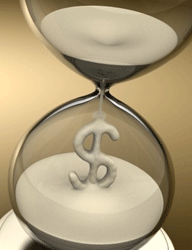 an hourglass with sand forming a dollar sign at the bottom of the hour glass