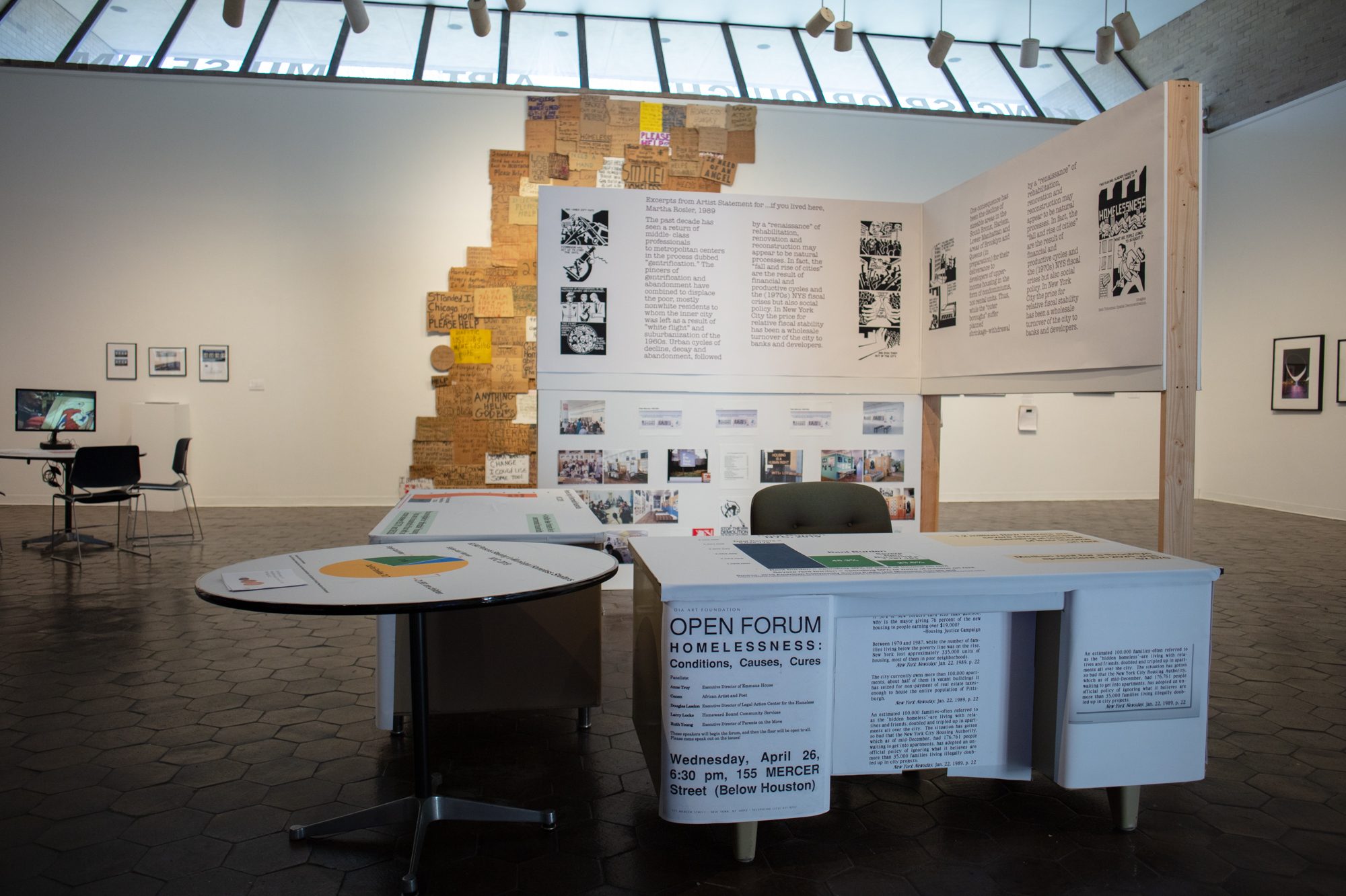 Three views of If you lived here….. referencing the office from part of Rosler’s 1989 installation in collaboration with Homeward Bound, a collective of unhoused people who used part of the DIA space as an office and part as a shelter.