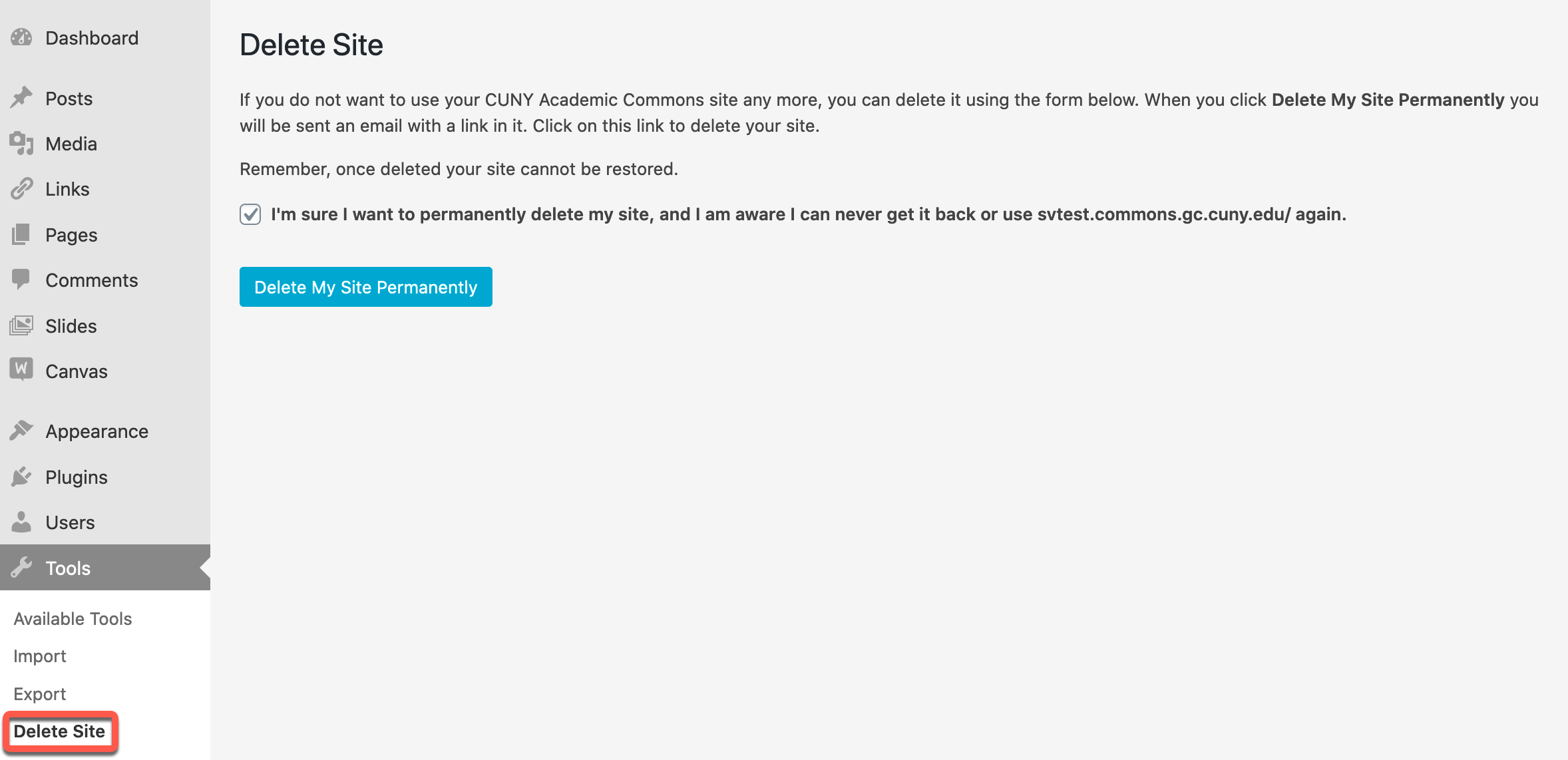 WP Dashboard Delete site option