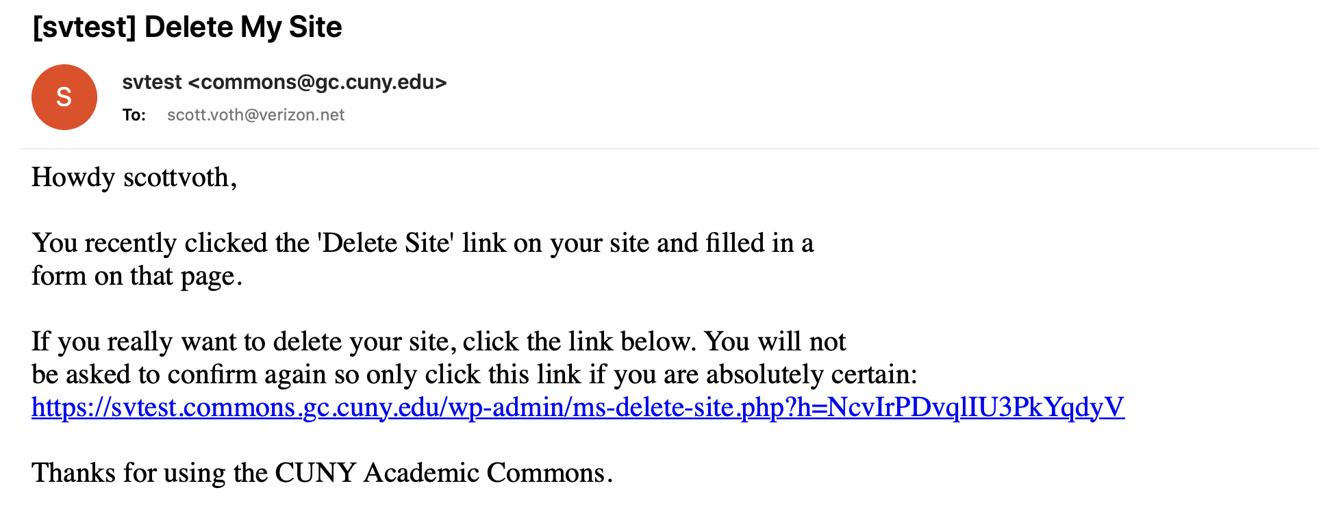 Delete site email