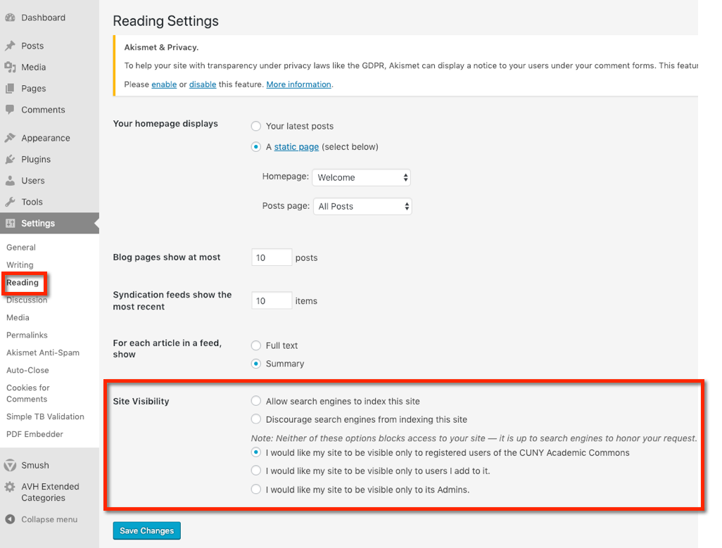 site visibility options found in dashboard