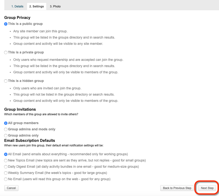 create a group - settings - Help & Support