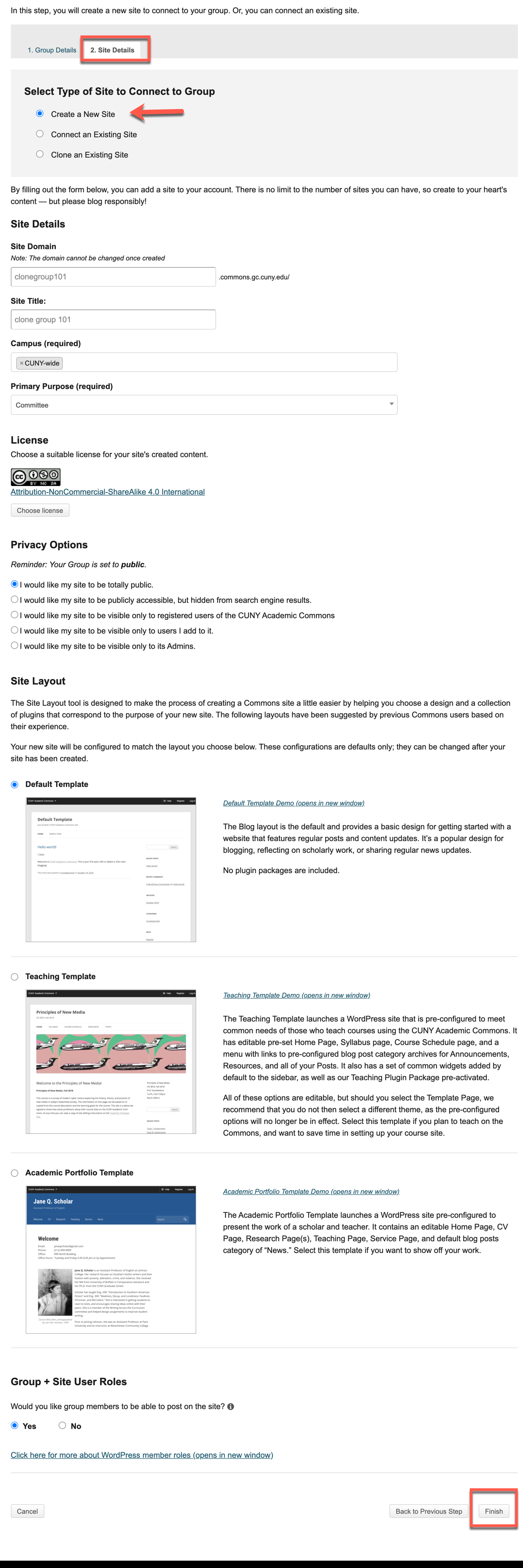 if you want a group site, should it be new, cloned, and existing