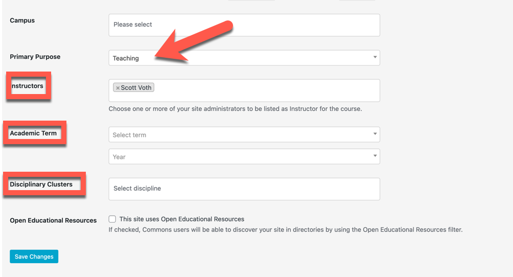 screenshot revealing teaching metadata options