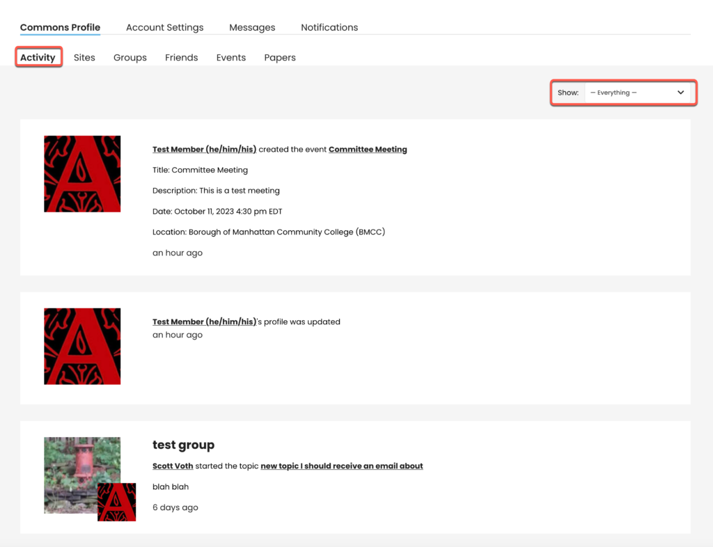 my activity page screenshot