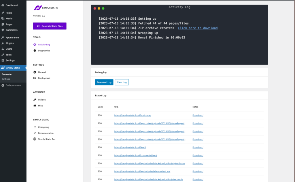 Simply Static Dashboard