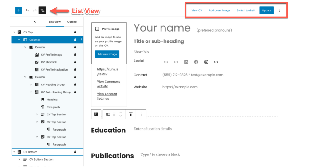 CV block editor screenshot
