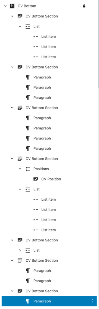 List View of CV in block editor