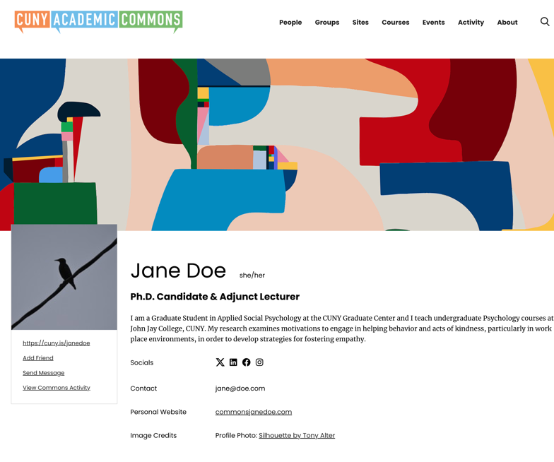 CV page showing cover and profile images