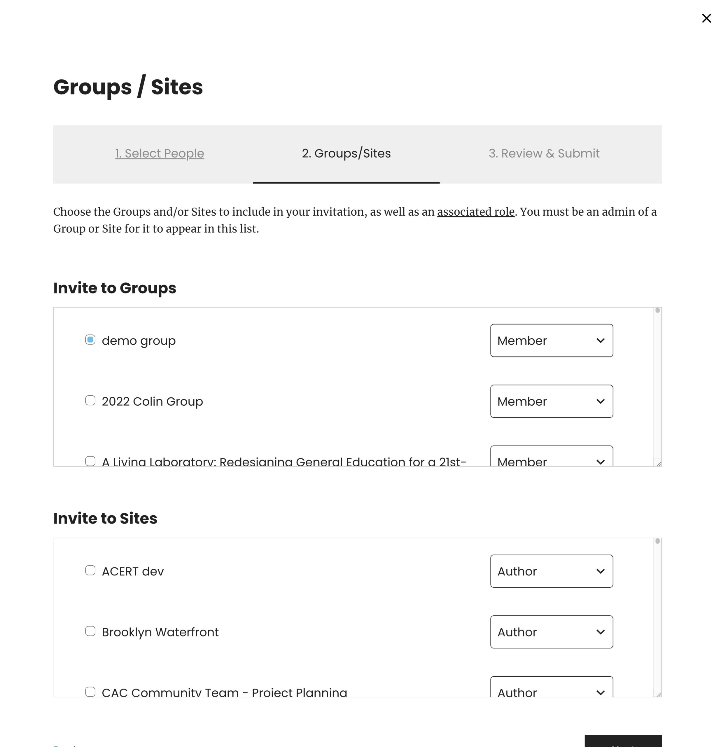invite 2 - what groups and sites