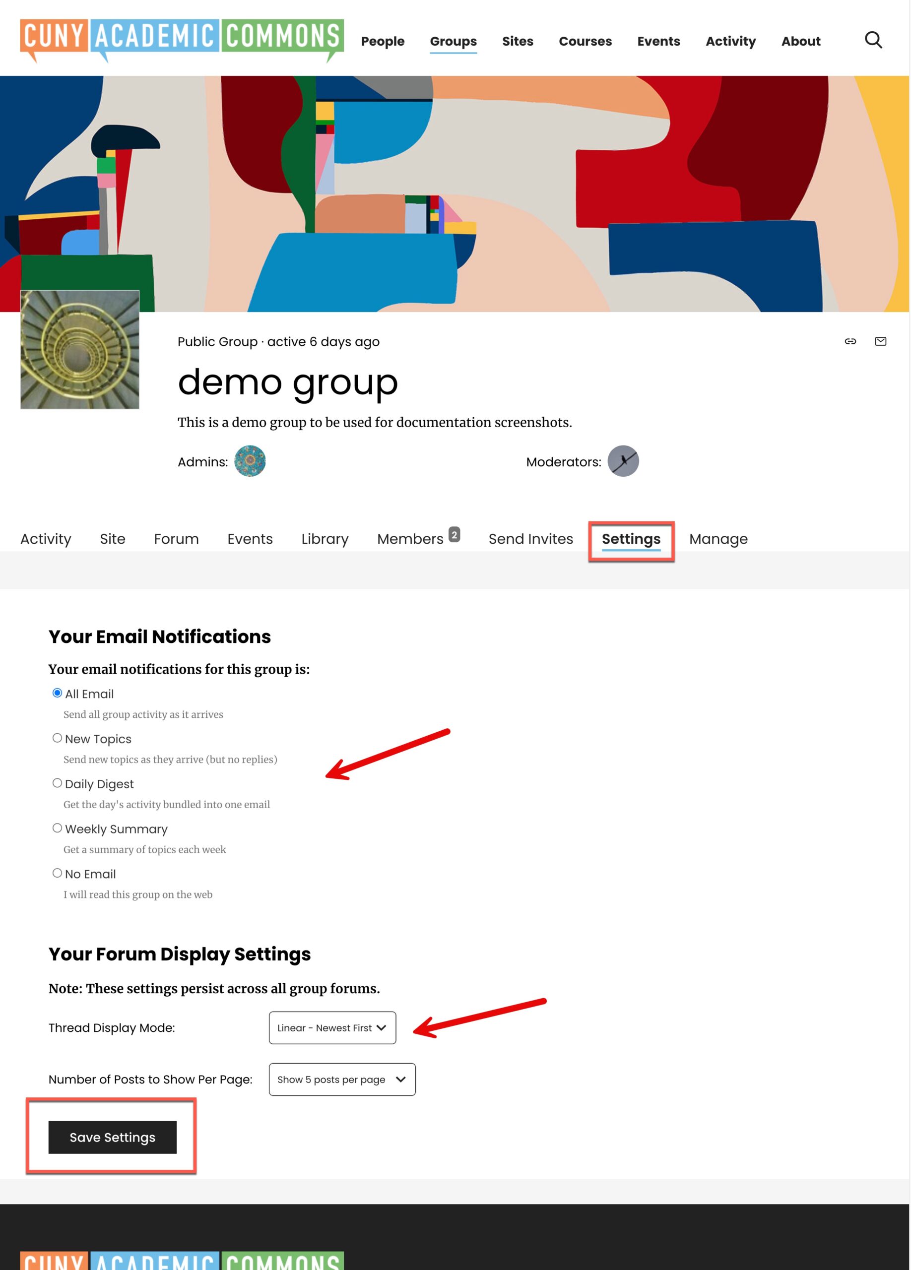 group settings tab showing email notification settings and Forum display settings