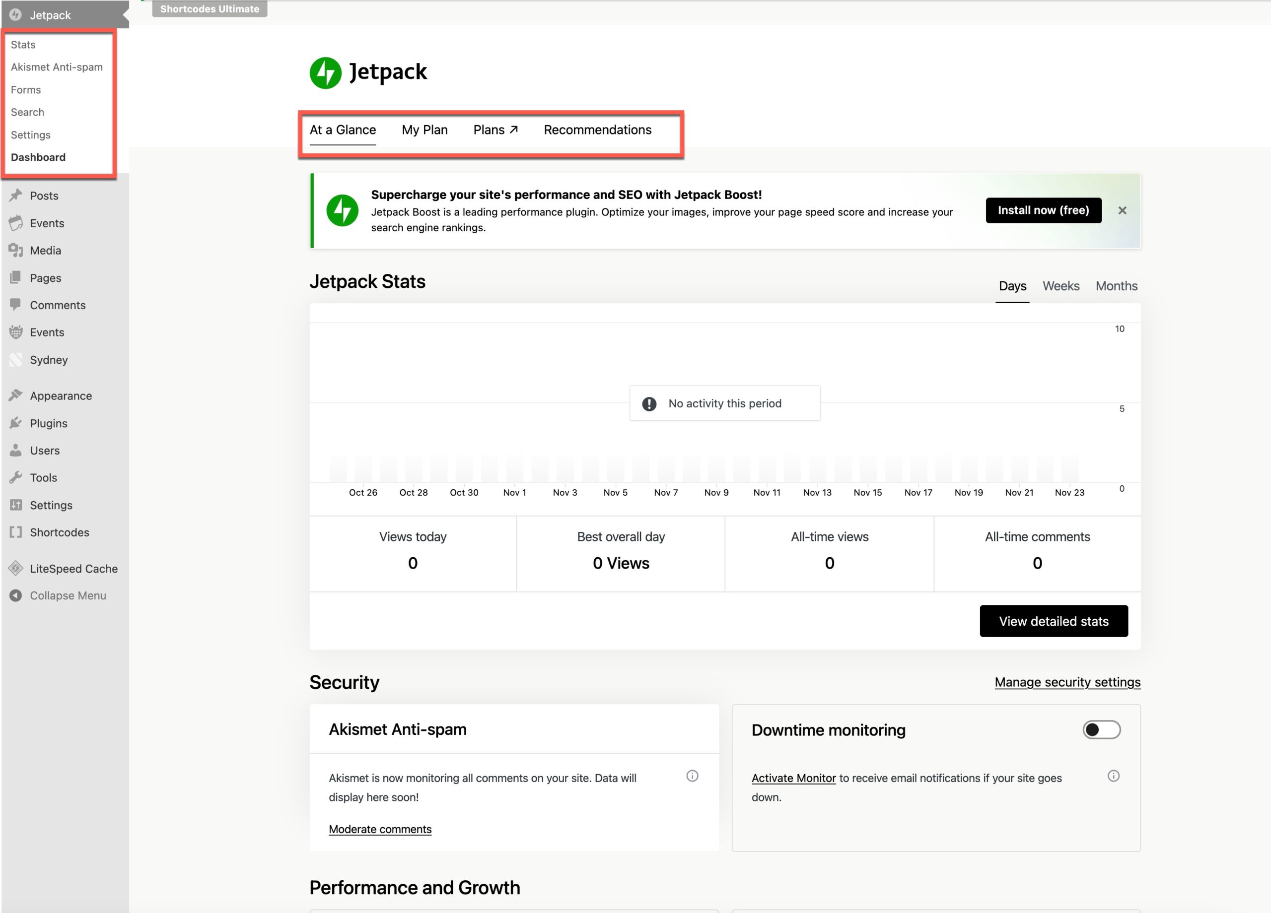 JetPack options from the WP Dashboard