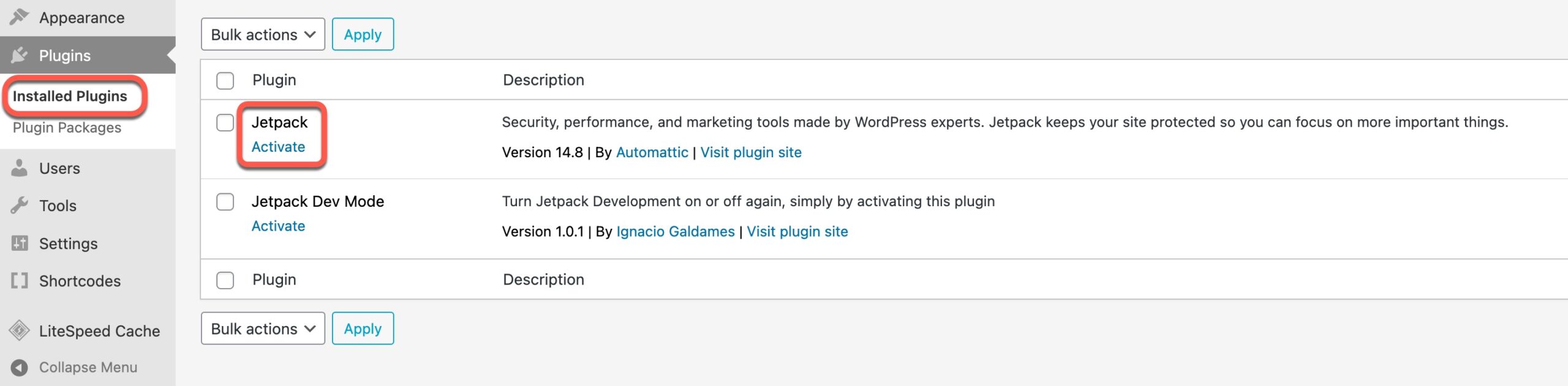 plugin page to activate JetPack