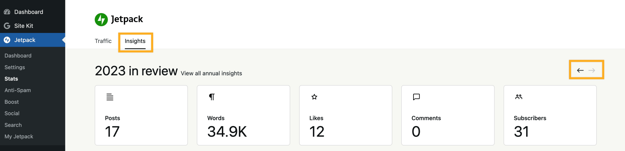 JetPack's Insight tab