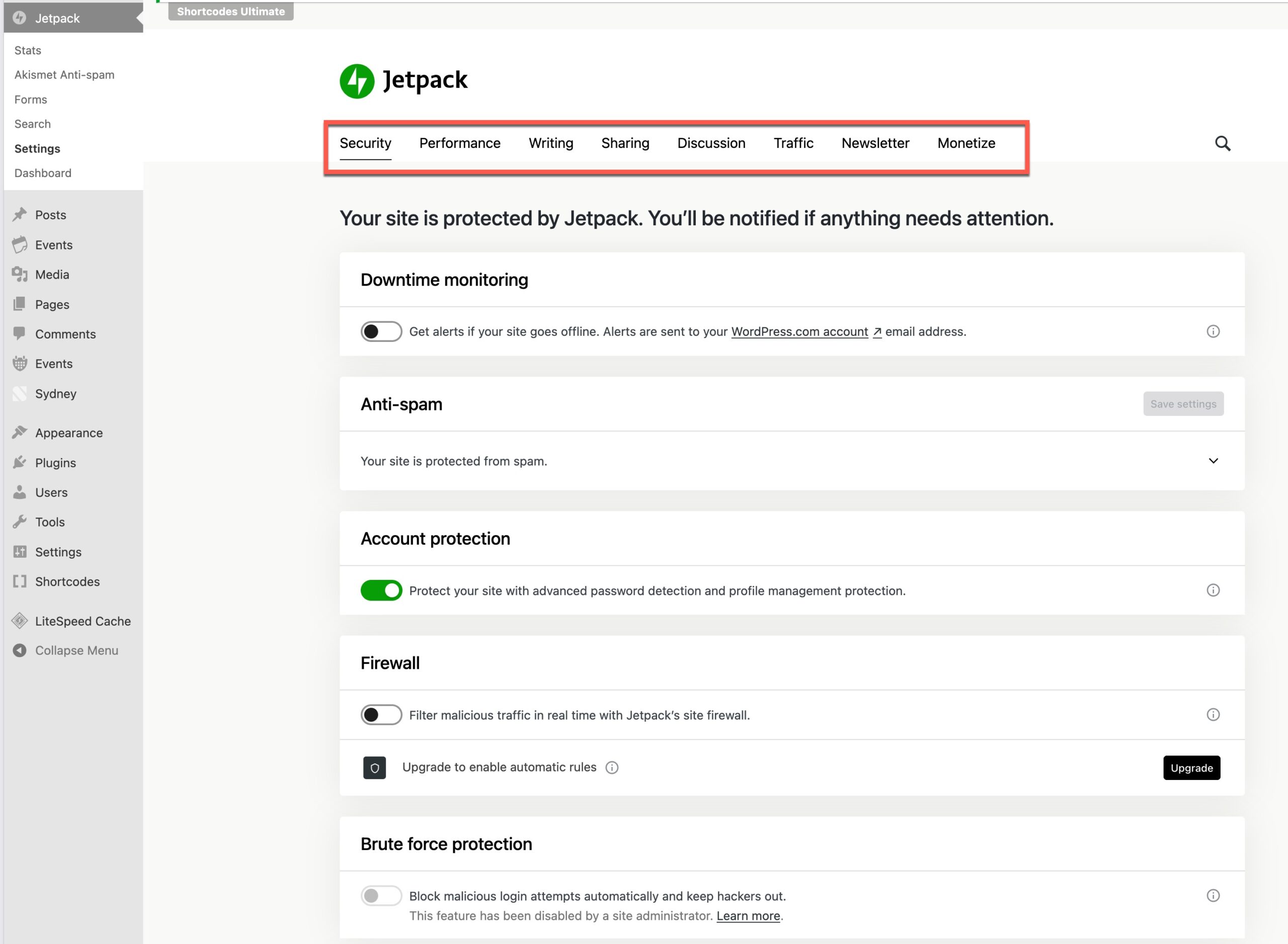 JetPack admin bar showing it various functionality