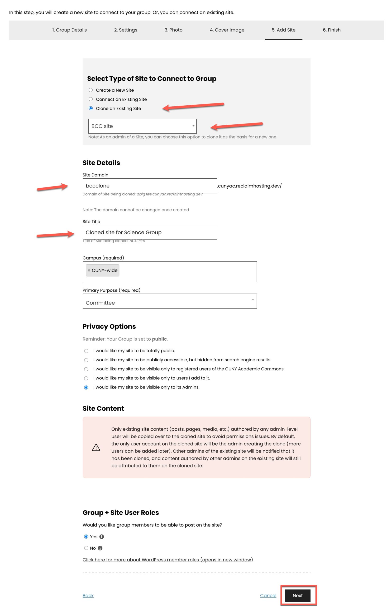 clone a site for a group