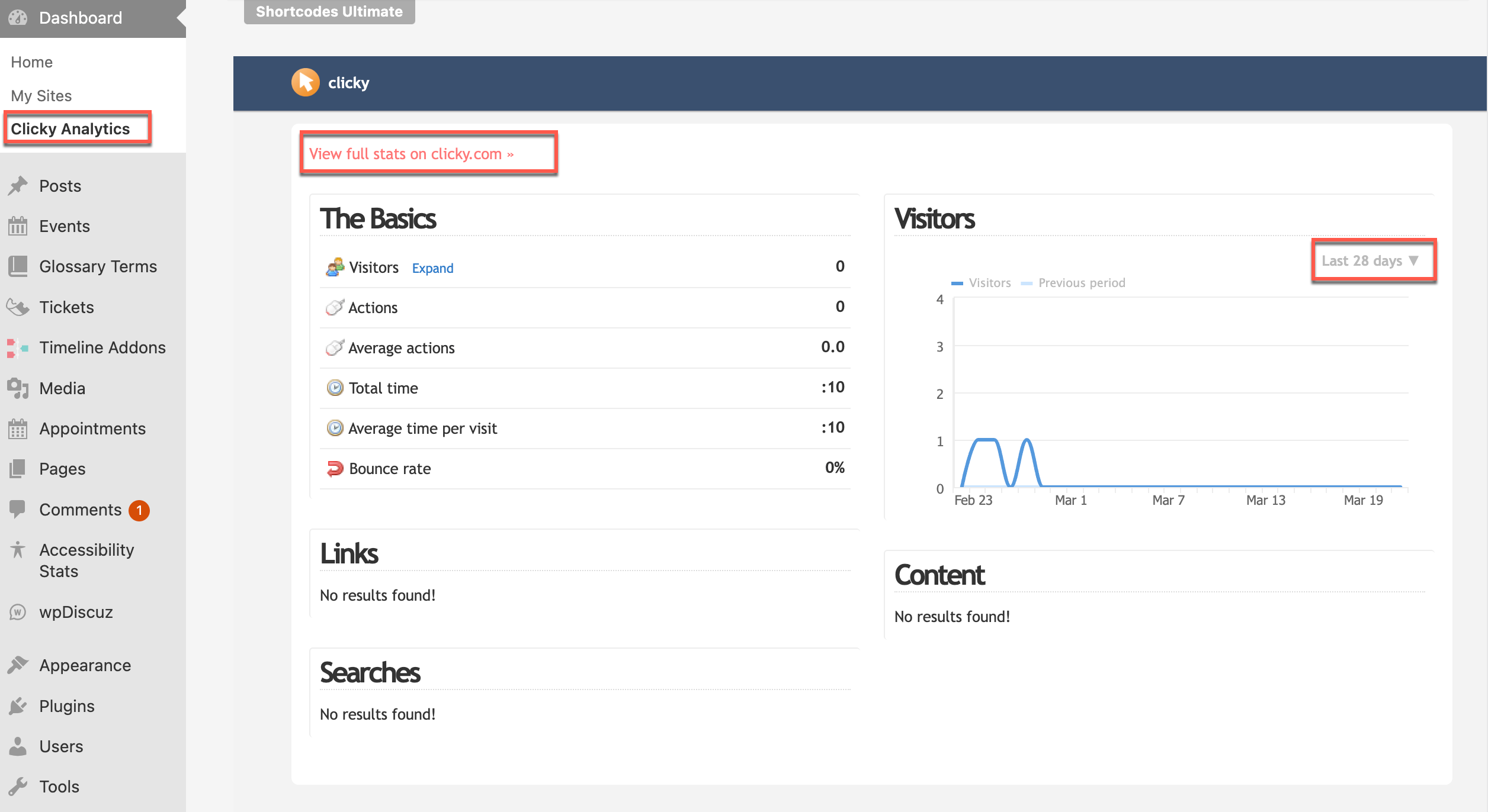 clicky analytics from dashboard