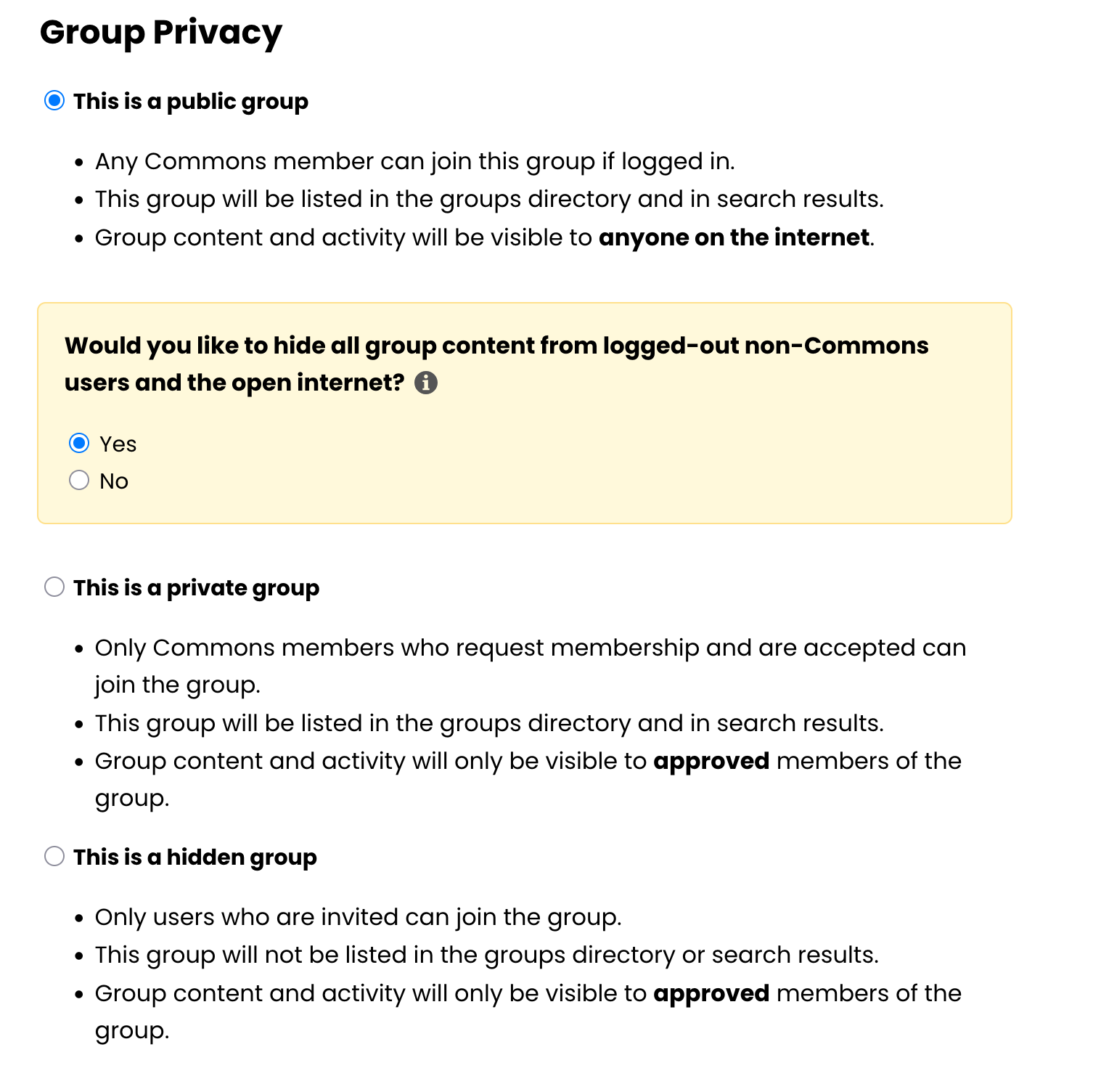 group privacy settings