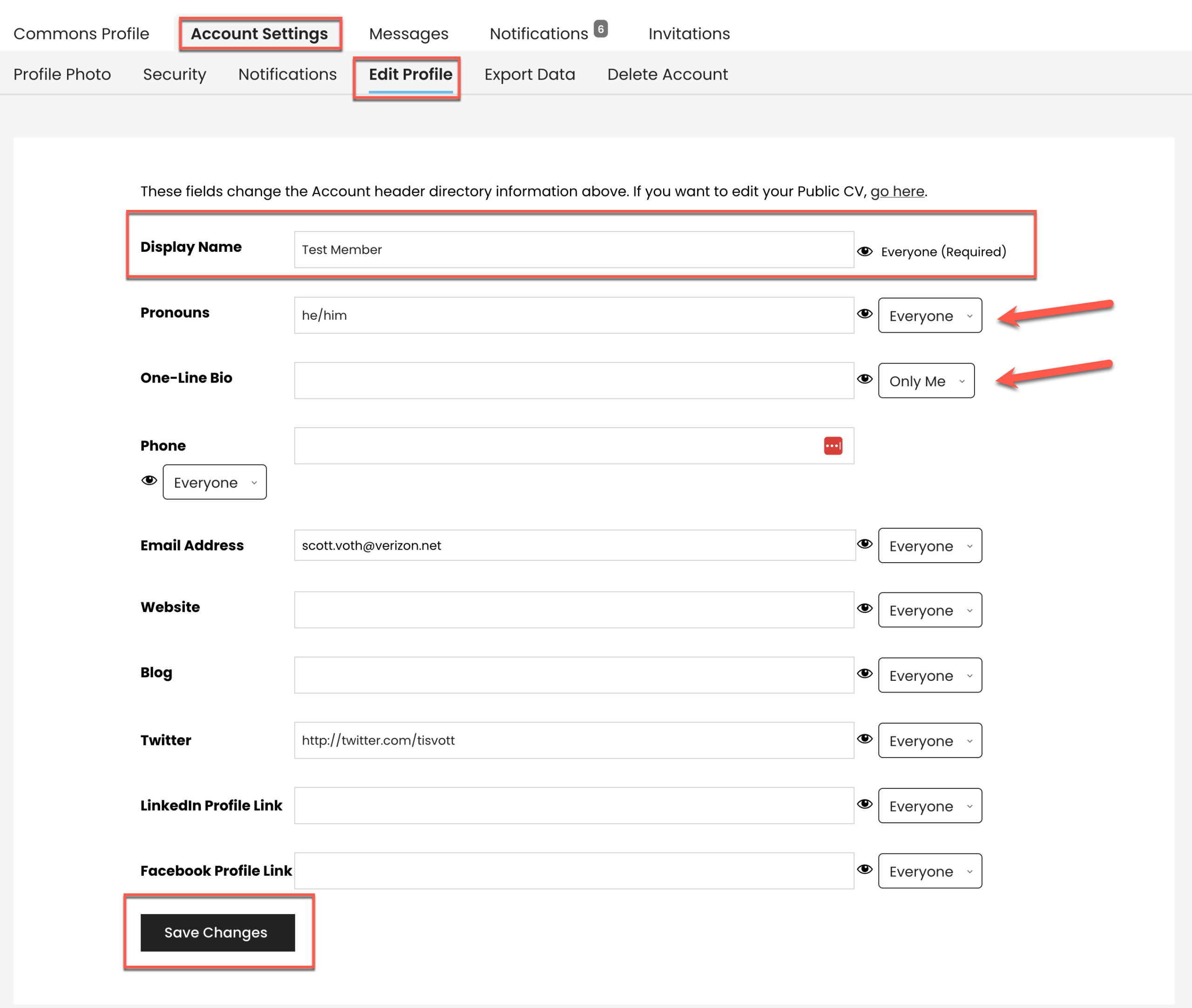 display name and visibility settings