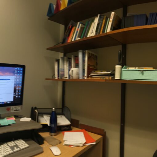 office with desk, computer, and bookshelves. lighting is dim and there are no windows