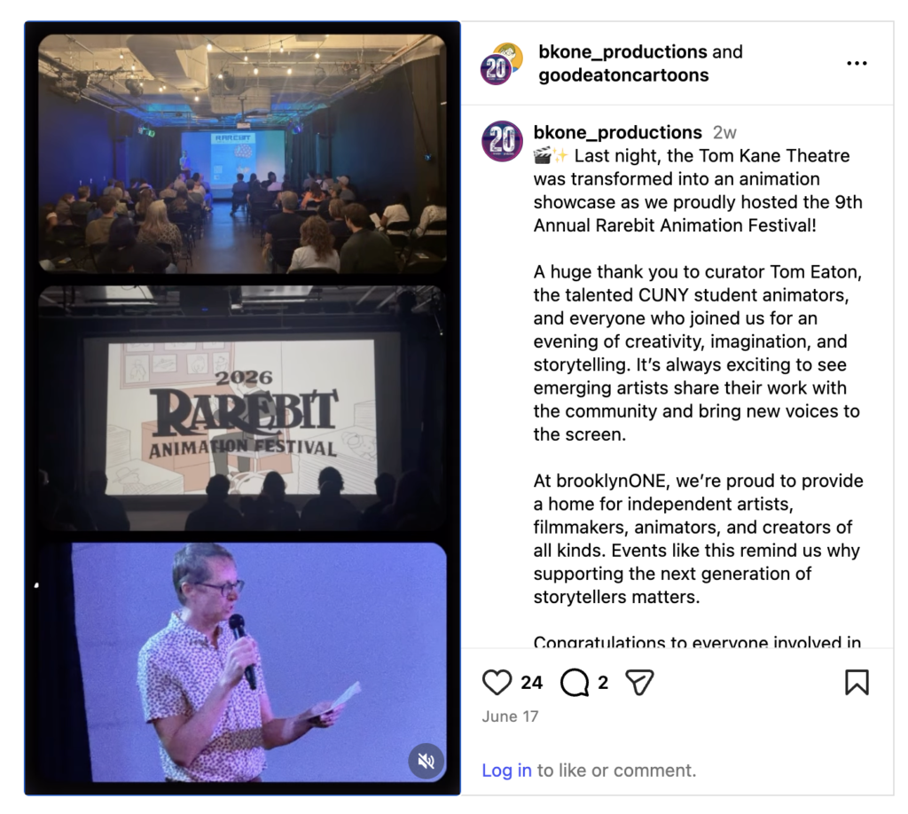 Screenshot of brooklynONE's instagram reel about Kingsborough's Rarebit Animation Festival. Click to view original Instagram post.