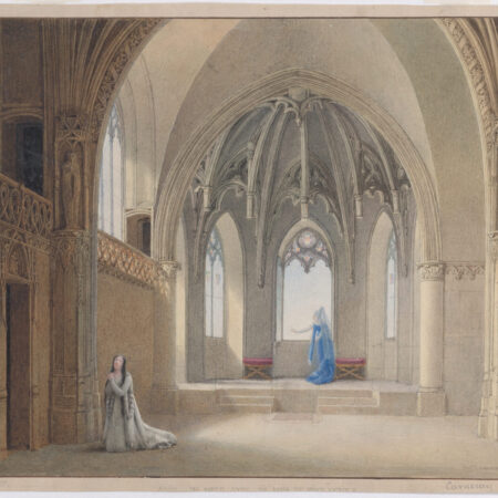 Anne,_ma_soeur_Anne,_ne_vois-tu_rien_venir_MET_DP883826 A gothic arched room, a woman in blue looks out a window, in the lower left corner a woman in right with long braids kneels and prays