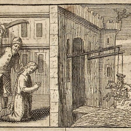 Antoine_Clouzier_-_La_Barbe_bleüe_(Charles_Perrault,_Barbin,_1697) Wood block illustration; on the left side a man in medieval dress holds an upraised curved sword while a woman kneels turned away from him. He grips her hair. On the right a Castle gate with a figure in the turret, two horseman are approaching the bridge over the moat