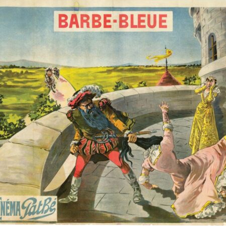 Barbe-Bleue_-_Étienne_Arnaud Illustration of a castle balcony, a man in Renaissance garb pulls a woman in a pink dress from inside by her dark hair. A woman in yellow stands behind with her hands on her face.