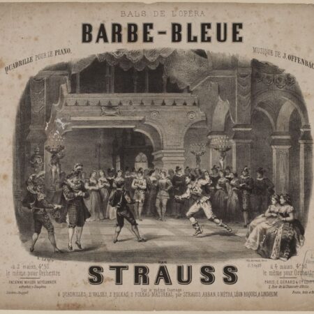 Barbe-Bleue Title page and image for Barbe-Bleue opera. The image is a group of people in a castle room, in the center two men are fighting, two women sit together in the right hand corner