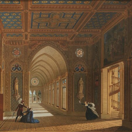 Barbe_Bleue_(Bluebeard)_-_Jean-Claude_Rumeau A painting an ornate high ceilinged room and an arched doorway leading to a long hallway with a columned opening. Two tiny figures stand at the columns. From the right a woman in a black dress runs in from an open doorway revealing a spiral staircase. In the left corner, a woman in blue dress kneels while a man in black with a white feathered hat holds a dagger
