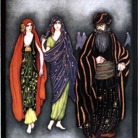 Blue_beard A painted depiction of three characters in Asian inspired dress, Bluebeard wears an orange/black robe. Two women behind him, one in a red robe and one in blue, both are barefoot.