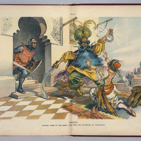 Rescued _Nothing_doing_in_the_mercy_line_from_the_Bluebeard_of_bankruptcy_-_K._LCCN2011649654 A man in yellow with an enormous blue beard and a green hat on which "bankruptcy" is written, he holds a sword in one hand a clock in the other. In front of him a man in white and red kneels and holds his arms out. A knight is rushing out of the doorway to the left.