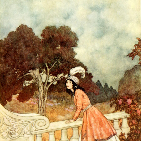The_sleeping_beauty_and_other_fairy_tales_-_color_plate_facing_page_041 A watercolor of a woman in an orange/red dress and white turban with feather leaning on a railing looking out behind her hills and a tree