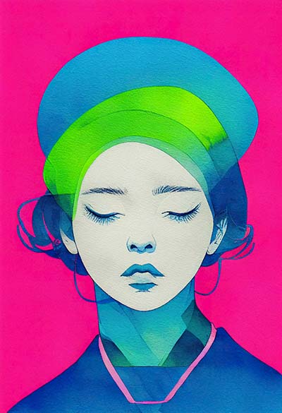 Pale bust image of a girl with a blue hat and a pink background.