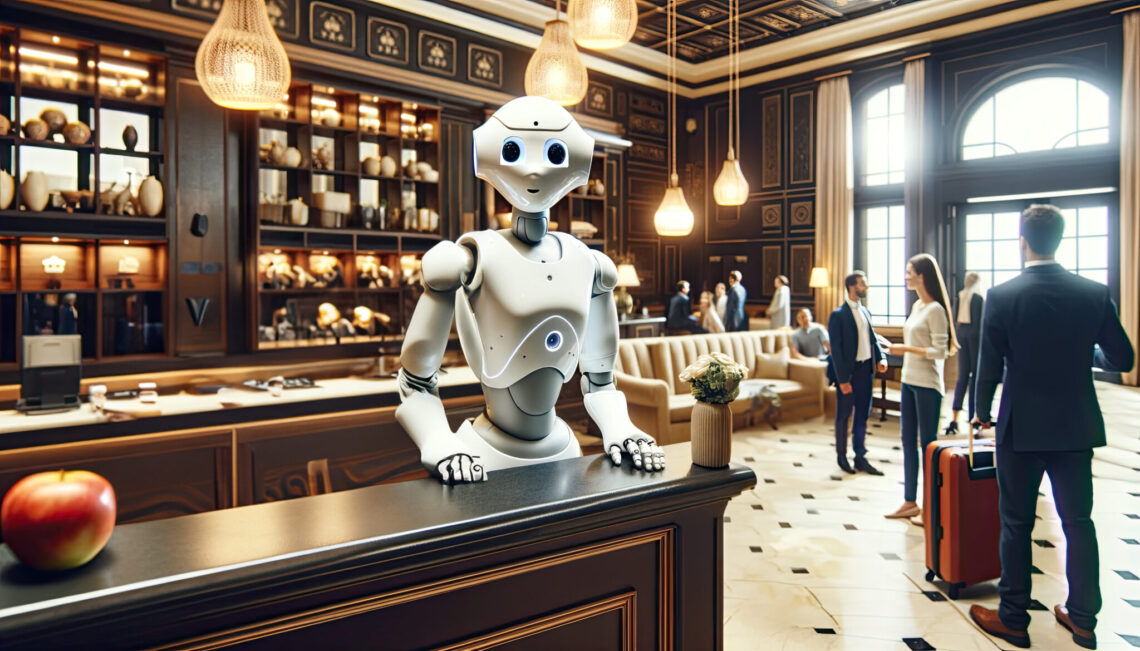 White robot at a hotel bar surrounded by people.
