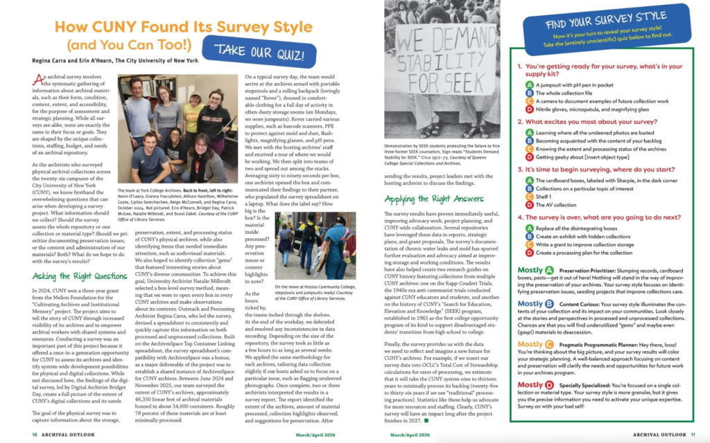 A magazine article with a headline in orange font. There are color photos of the archives team in action and a black and white archival photo. On the right side of the page there is a colorful quiz. 
