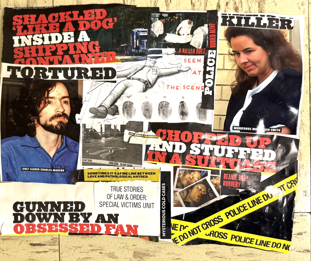 a collection of collages made by students to express how they think about crime. 