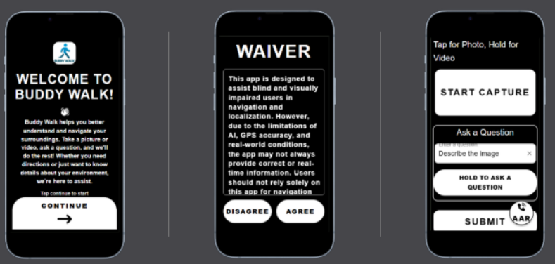 Three Buddy Walk app screenshots: the first displays a welcome screen with a “Continue” button, the second shows a waiver screen with “Agree” and “Disagree” options, and the last is a capture screen with buttons for capturing photo, video, and asking questions.