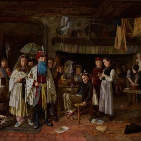 Bluebeard_Marries) A painting of many people in a common room, in the front a man in a blue beard and red turban has a woman in white holding a fan on his arm.